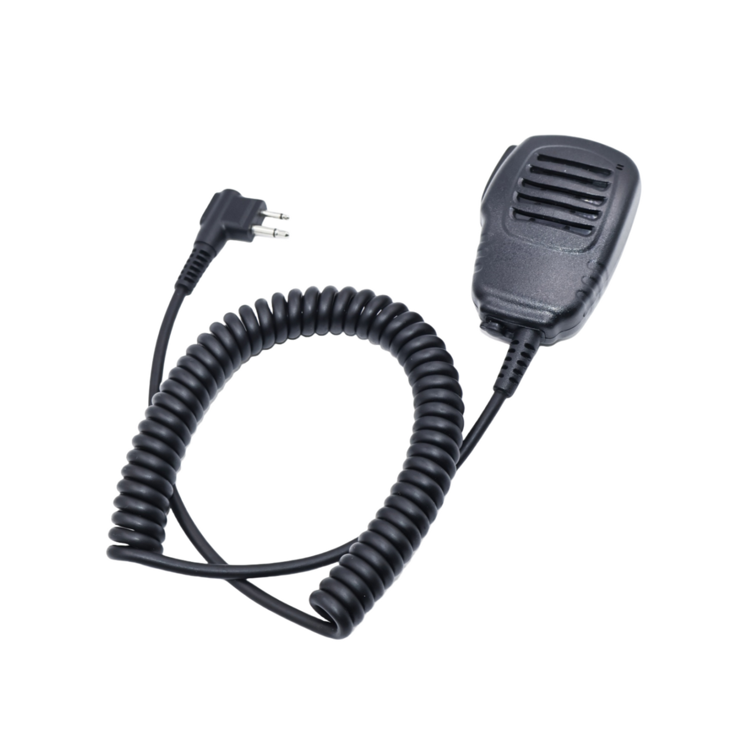 Black coiled radio microphone adapter with a molded handheld unit and a plug connector, shown on a plain white background.